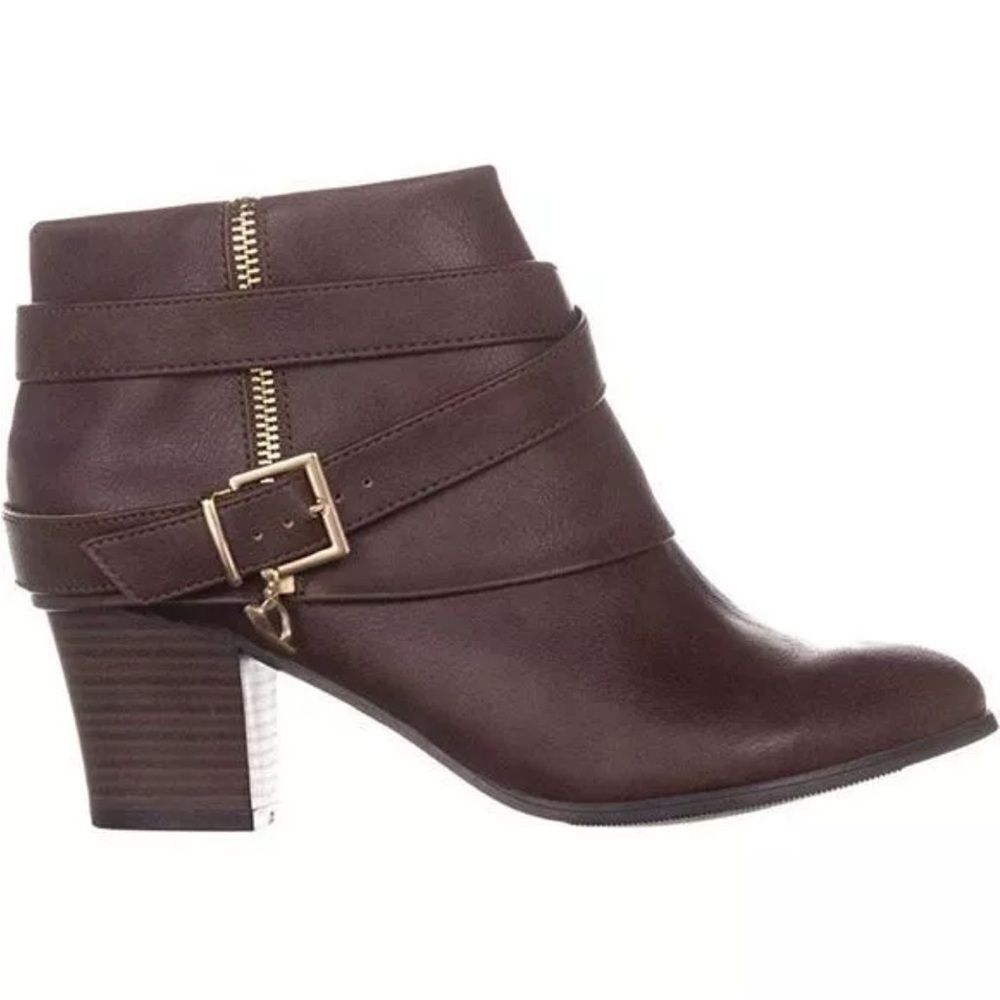 🩷 New Thalia Sodi Tully Womens Faux Leather Strappy Boots Brown Chunky Heel 12